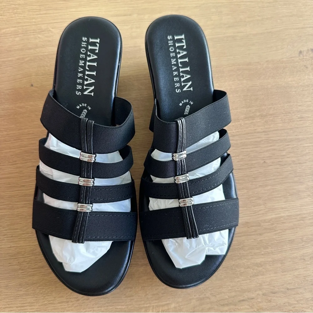 Italian Shoemakers Black Wedge Slip On Sandal Sz 9M Silver Accent New Adalynn